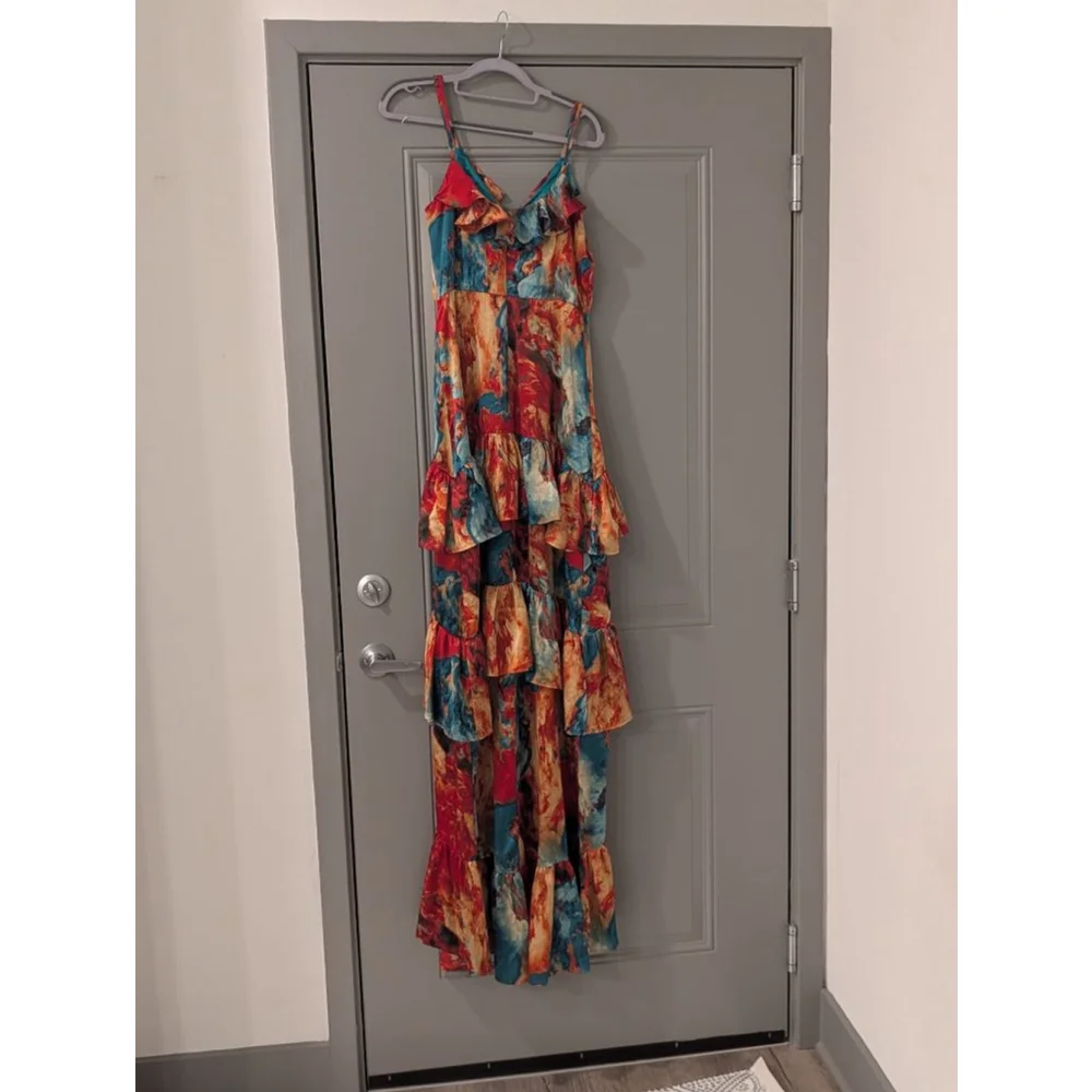 Women's NOVALUXE Small Red Blue Abstract Tiered Ruffle Maxi Dress - Picture 9 of 14